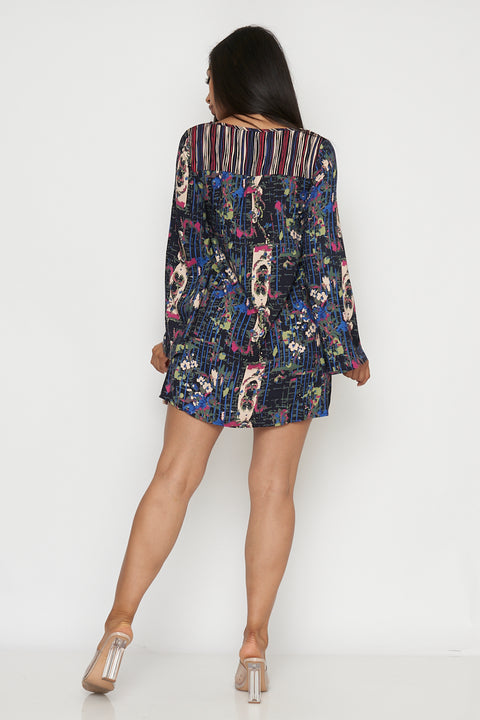 'Make a Splash' Multi Color Long Bell Sleeve Mini Dress (LD40837) - Wholesale Fashion Couture 