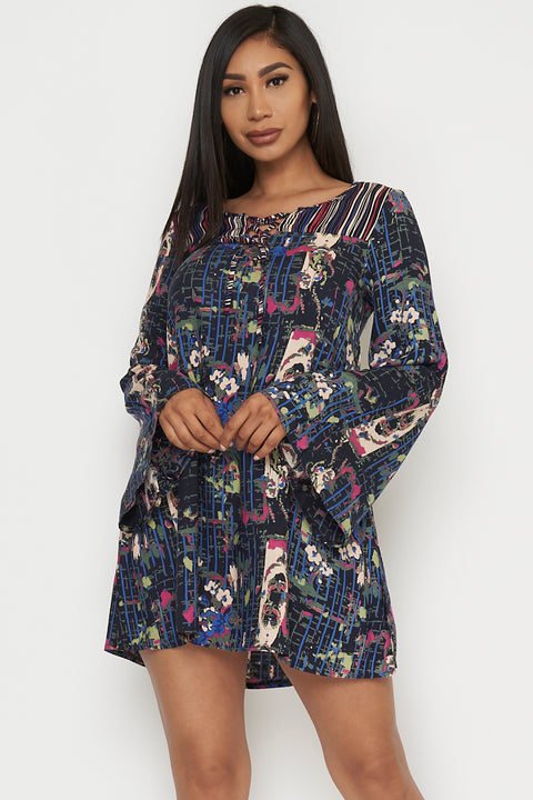 'Make a Splash' Multi Color Long Bell Sleeve Mini Dress (LD40837) - Wholesale Fashion Couture 