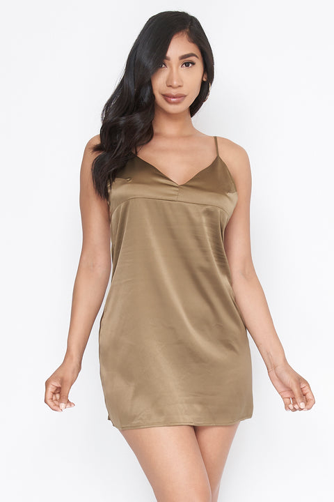 V-Neck Open Tie Back Silky Mini Dress  (D-552) - Wholesale Fashion Couture 