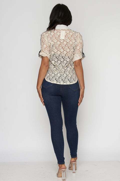 Floral Lace Button Down Shirt with 1/2 Sleeve and Rolled Cuffs (SB371) - Wholesale Fashion Couture 