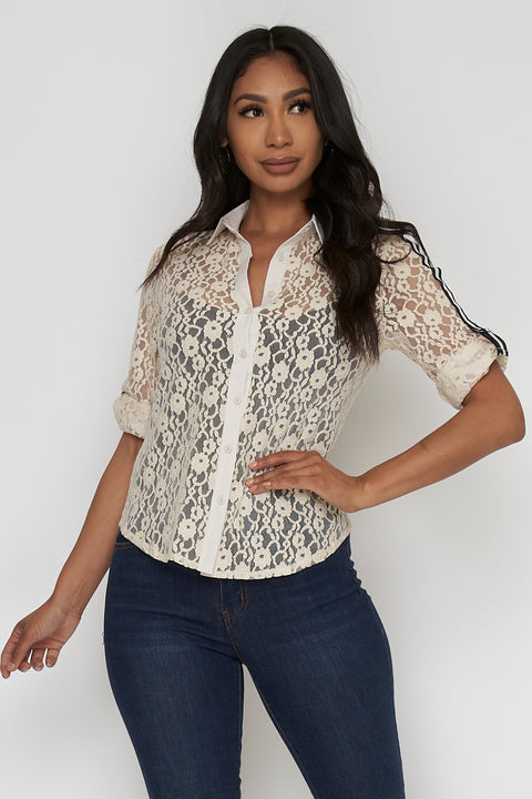 Floral Lace Button Down Shirt with 1/2 Sleeve and Rolled Cuffs (SB371) - Wholesale Fashion Couture 