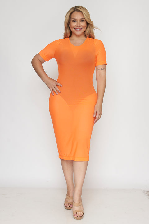 Plus Size See-Trough Short Sleeve Midi Dress in Neon "Undershirt Not Included" (D1044) - Wholesale Fashion Couture 
