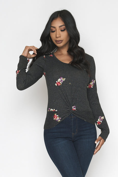 Long Sleeve Scoop Neck Top with Twist Front Detail and Floral Print (ET1563) - Wholesale Fashion Couture 