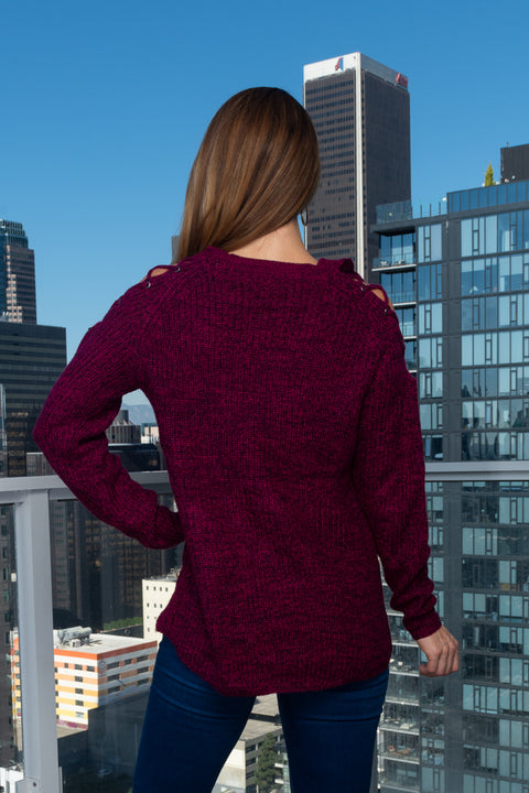 Long Sleeve Crew Neck Grommet & Lace Cold Shoulder Crochet Knit Sweater (FS174240) - Wholesale Fashion Couture 