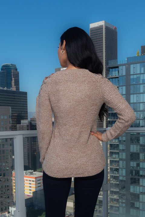 Long Sleeve Crew Neck Grommet & Lace Cold Shoulder Crochet Knit Sweater (FS174240) - Wholesale Fashion Couture 