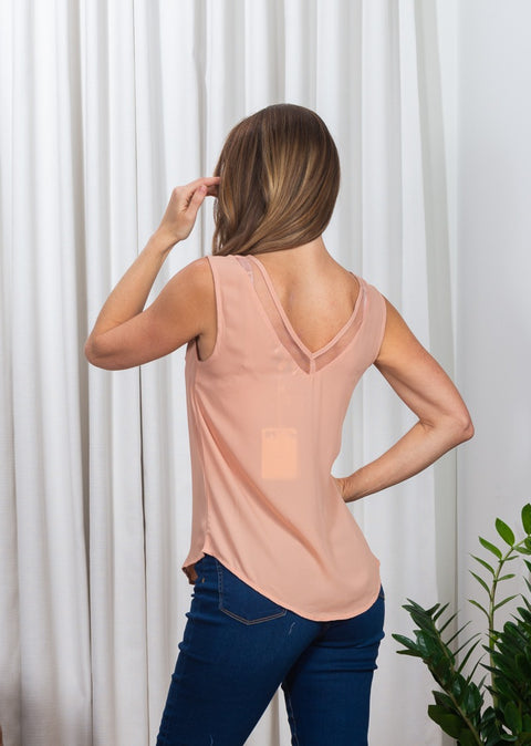 Sleeve less V-Neck Solid Top Mesh detail on Neck* (171563) - Wholesale Fashion Couture 