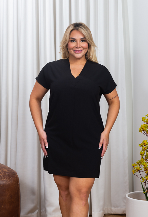 Plus Size Relaxed Fit V Neck Soft Crepe Tunic Style Mini Dress (HL432244MI-PLUS) - Wholesale Fashion Couture 
