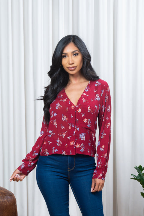 Floral Print Long Sleeve Button Down  Top w/1 Front Pocket (171084) - Wholesale Fashion Couture 