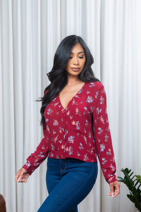 Floral Print Long Sleeve Button Down  Top w/1 Front Pocket (171084) - Wholesale Fashion Couture 