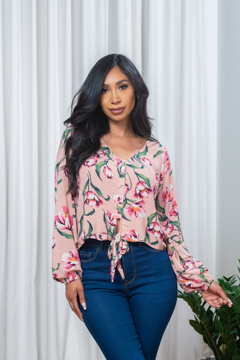 Long Sleeve Floral Print Button Down Top (185424) - Wholesale Fashion Couture 