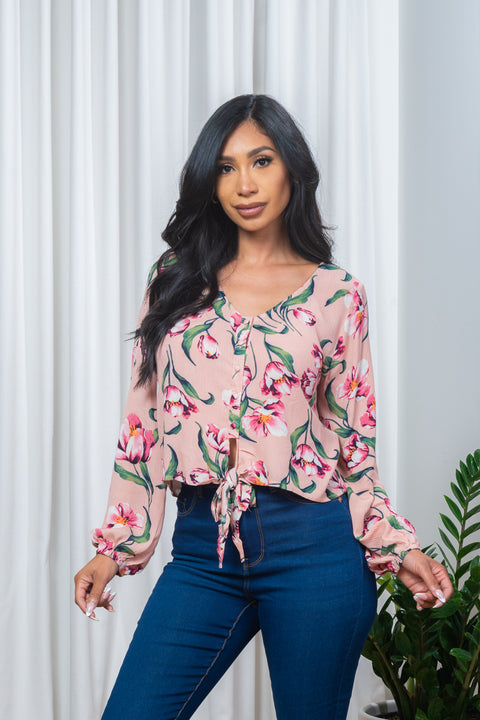 Long Sleeve Floral Print Button Down Top (185424) - Wholesale Fashion Couture 