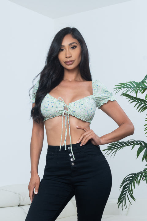 Floral Print Short Sleeve Tie Front Sweetheart Neck Crop Top (10116TM) - Wholesale Fashion Couture 