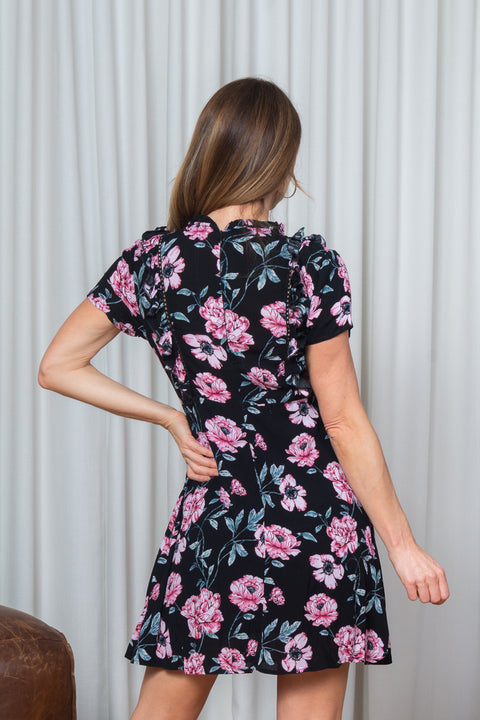 Round Neck Short Sleeve Floran Mini Dress  Full Lining (185269) - Wholesale Fashion Couture 