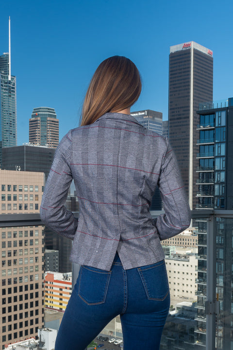 Glen Plaid Princess Cut Blazer with Single Button Closure and Front Flap Pockets in Lt. Grey (8753JS) - Wholesale Fashion Couture 