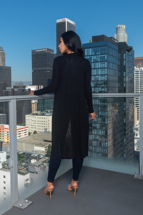 Thin Cable Knit Long Cardigan Slit On The Side In Black (171015) - Wholesale Fashion Couture 