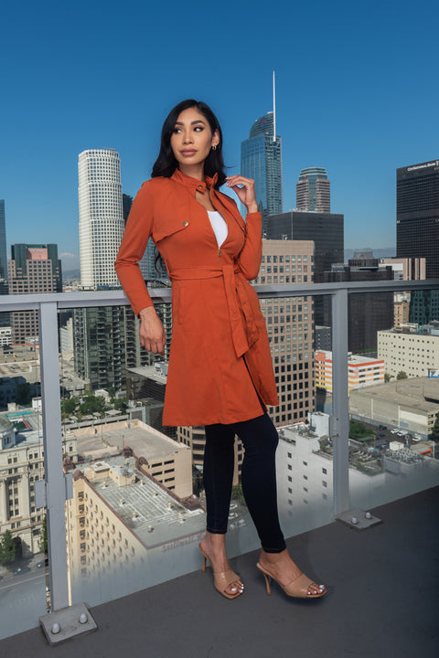 Gold Zip Front Princess Cut Knee Length  Blazer W/Belt, Side pockets & gold Buttons (8883JY) - Wholesale Fashion Couture 