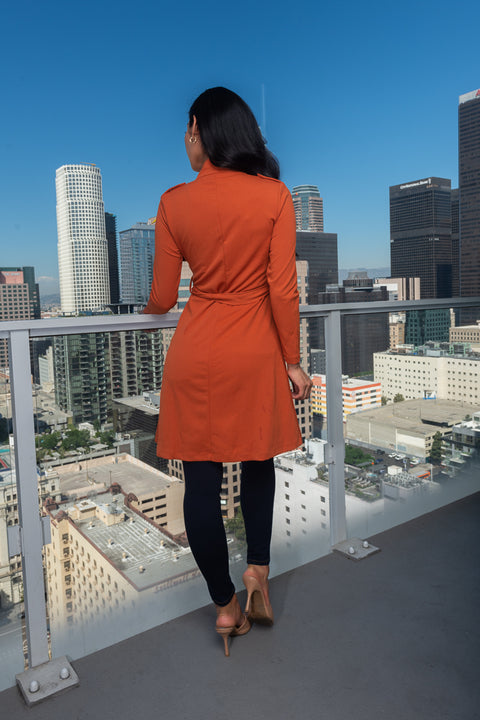 Gold Zip Front Princess Cut Knee Length  Blazer W/Belt, Side pockets & gold Buttons (8883JY) - Wholesale Fashion Couture 