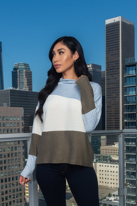 Tri-Color Asymmetrical Fabric Cowl Neck Long Sleeve Top (CET200752-CT) - Wholesale Fashion Couture 