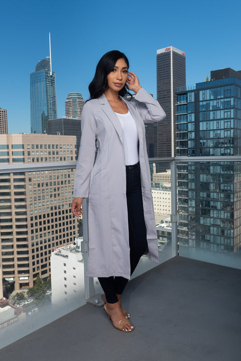 Open Front Classic Style Long Blazer, W/ Lapel & High Slits on the sides and 2 Front Pockets In Grey (161076) - Wholesale Fashion Couture 