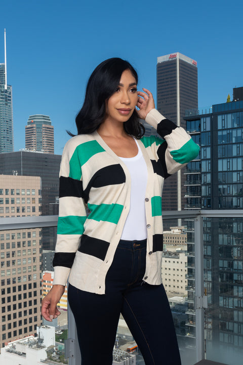 Striped V-Neck Front Buttons Knit Cardigan  (117599) - Wholesale Fashion Couture 