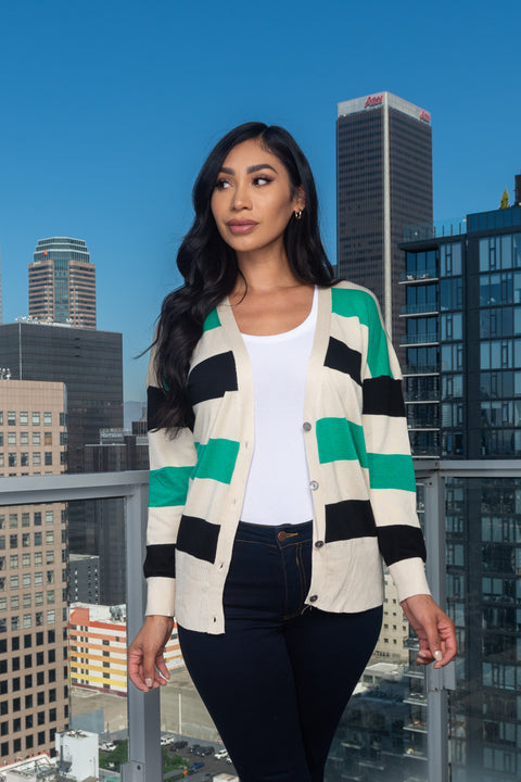 Striped V-Neck Front Buttons Knit Cardigan  (117599) - Wholesale Fashion Couture 