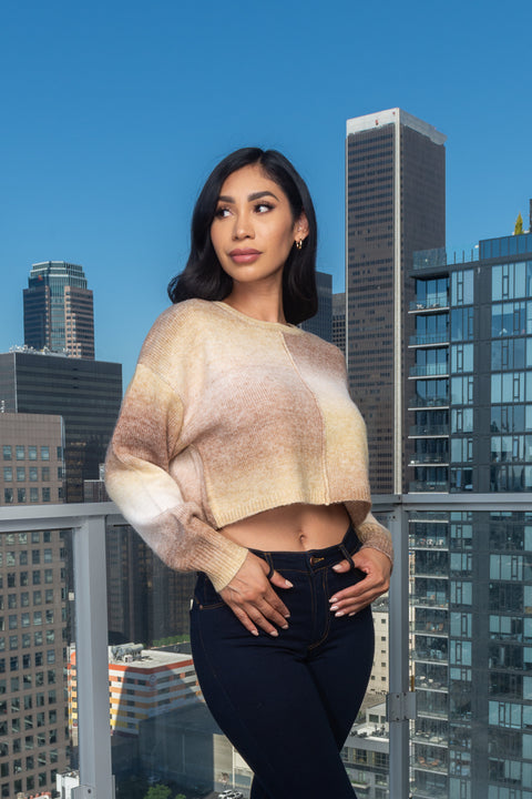 Soft Two Tones Knit Round Neck Crop Sweater (SW1006J-001) - Wholesale Fashion Couture 