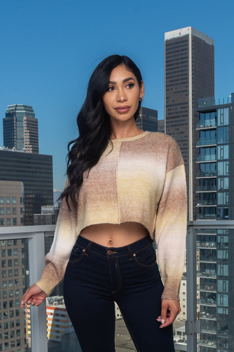 Soft Two Tones Knit Round Neck Crop Sweater (SW1006J-001) - Wholesale Fashion Couture 