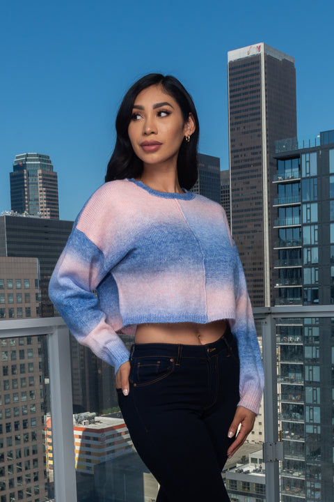 Soft Two Tones Knit Round Neck Crop Sweater (SW1006J-001) - Wholesale Fashion Couture 