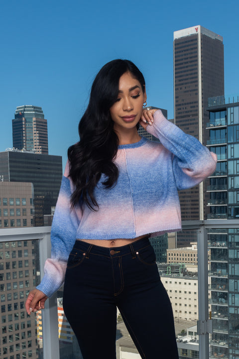 Soft Two Tones Knit Round Neck Crop Sweater (SW1006J-001) - Wholesale Fashion Couture 