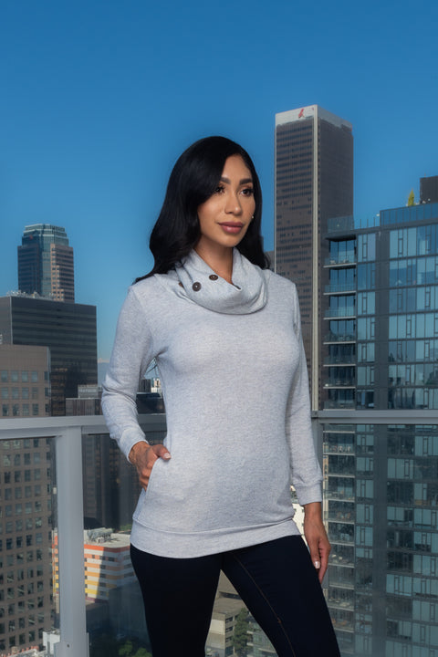 Cowl on Neck Long Sleeve Top w/5 Buttons on Neck and 2 Pockets (FY9005) - Wholesale Fashion Couture 