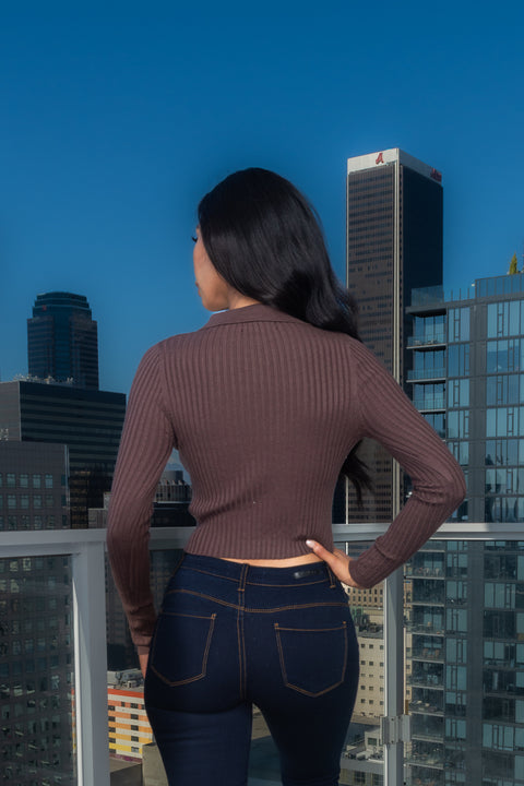Long Sleeve Button Down Knit Rib Crop Top Notch Collar (9975WS) - Wholesale Fashion Couture 