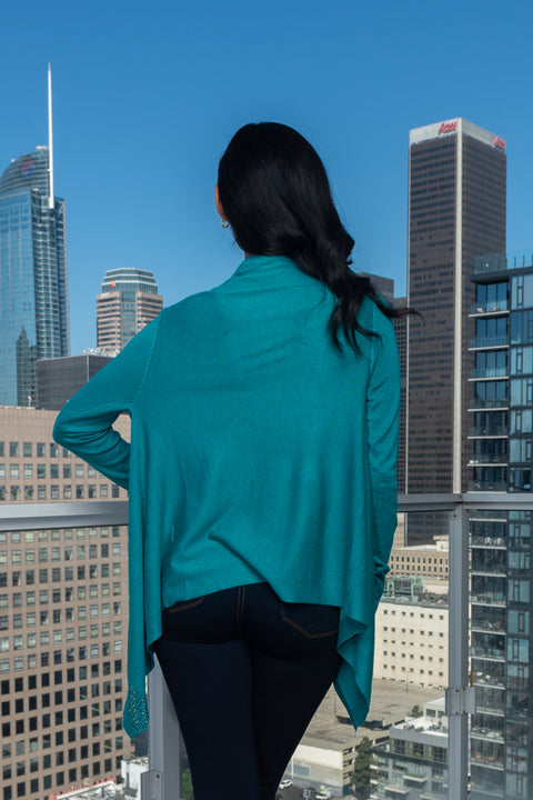 Asymmetrical Open Front  Long Sleeve Knit Cardigan W/ Front W/Rhinestones (15W001) - Wholesale Fashion Couture 