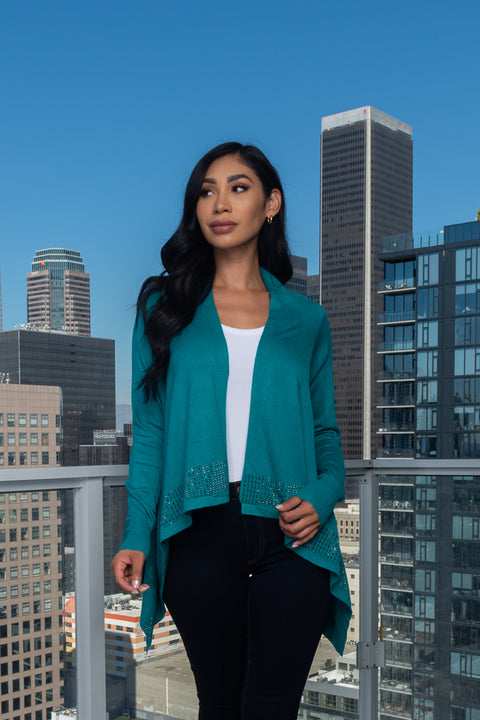 Asymmetrical Open Front  Long Sleeve Knit Cardigan W/ Front W/Rhinestones (15W001) - Wholesale Fashion Couture 