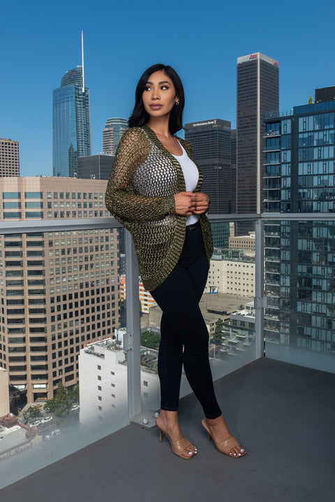 Metallic Open Front Crochet Knit Cardigan (GGW238) - Wholesale Fashion Couture 