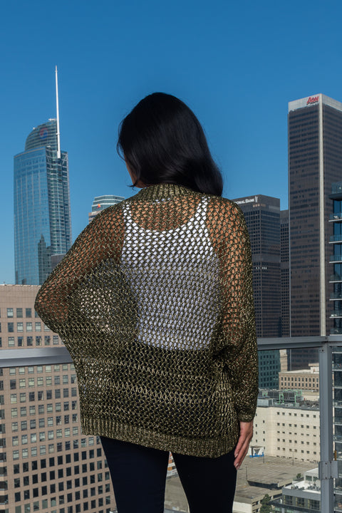 Metallic Open Front Crochet Knit Cardigan (GGW238) - Wholesale Fashion Couture 