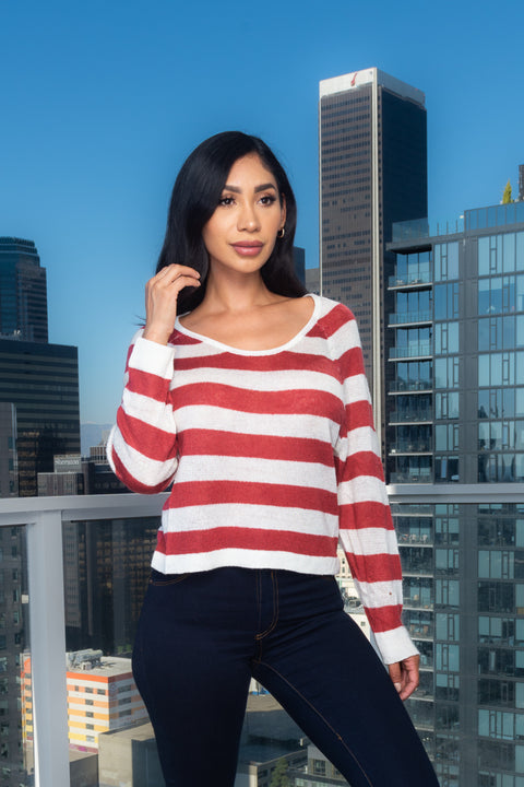 Light Knit Lons Sleeve Crew Neck Striped Top In Rust (117482) - Wholesale Fashion Couture 