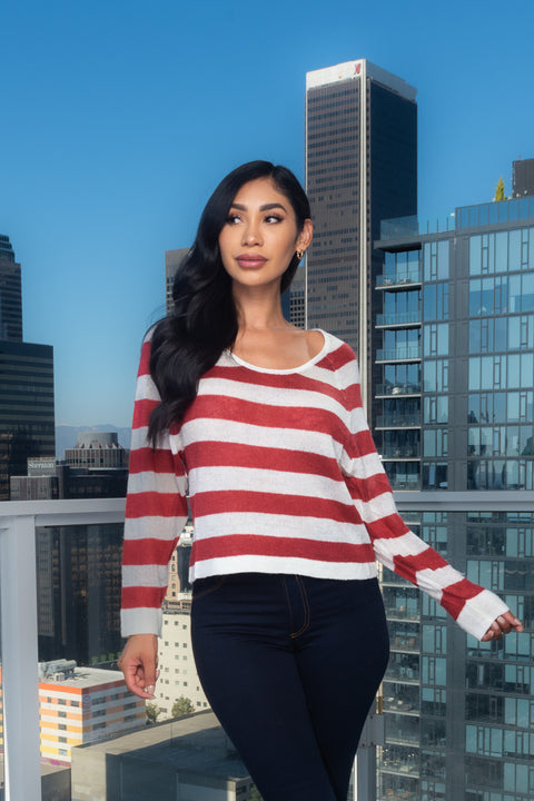 Light Knit Lons Sleeve Crew Neck Striped Top In Rust (117482) - Wholesale Fashion Couture 