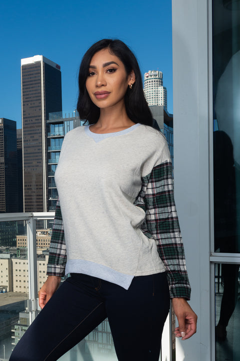 Double Trouble' Color Block Round Neck Long Sleeve Top  With Plaid Print on Sleeves and Back (146229) - Wholesale Fashion Couture 