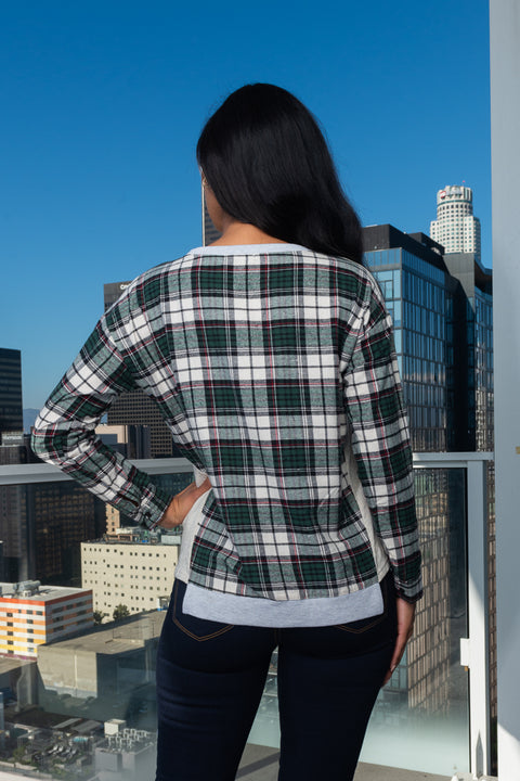 Double Trouble' Color Block Round Neck Long Sleeve Top  With Plaid Print on Sleeves and Back (146229) - Wholesale Fashion Couture 