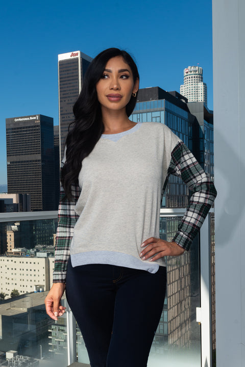 Double Trouble' Color Block Round Neck Long Sleeve Top  With Plaid Print on Sleeves and Back (146229) - Wholesale Fashion Couture 