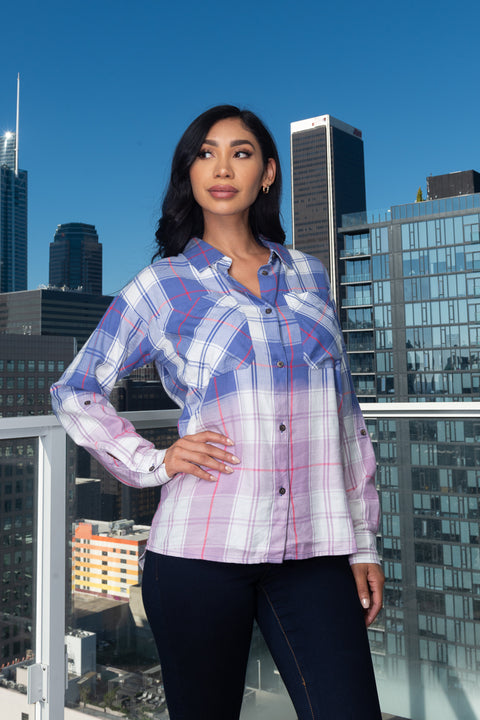 3/4 Roll Up  Sleeve Button Down Plaid Top W/Front Pockets (TPS-192) - Wholesale Fashion Couture 