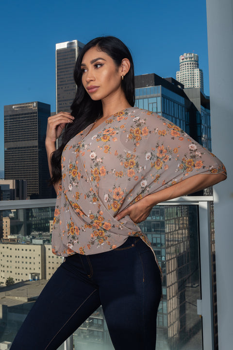Hi-Low See-Tru Chiffon V-Neck  Floral Printed Short Sleeve Top (LVT72004-2) - Wholesale Fashion Couture 