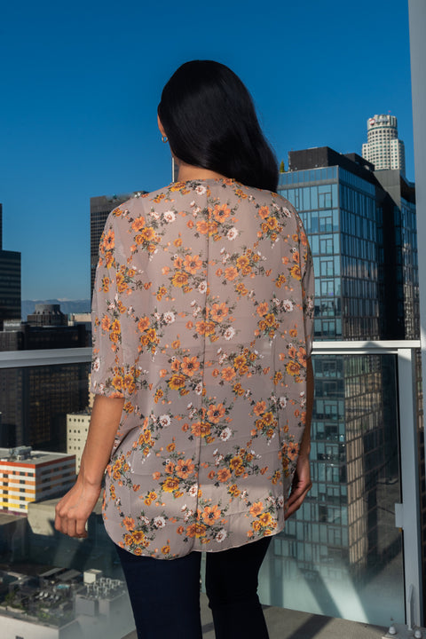 Hi-Low See-Tru Chiffon V-Neck  Floral Printed Short Sleeve Top (LVT72004-2) - Wholesale Fashion Couture 