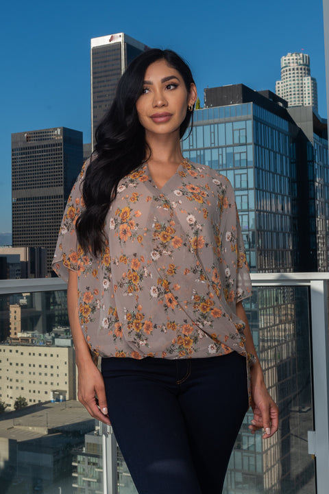 Hi-Low See-Tru Chiffon V-Neck  Floral Printed Short Sleeve Top (LVT72004-2) - Wholesale Fashion Couture 