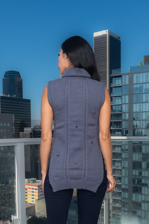Turtle Neck Thick Crochet Vest W/frayed front Details and Cut out on the sides in Grey (FS17-026) - Wholesale Fashion Couture 