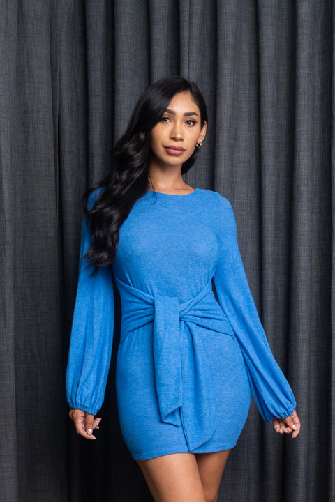 Soft Long Sleeve Round Neck Mini Dress w/Front Tie (VD7144) - Wholesale Fashion Couture 