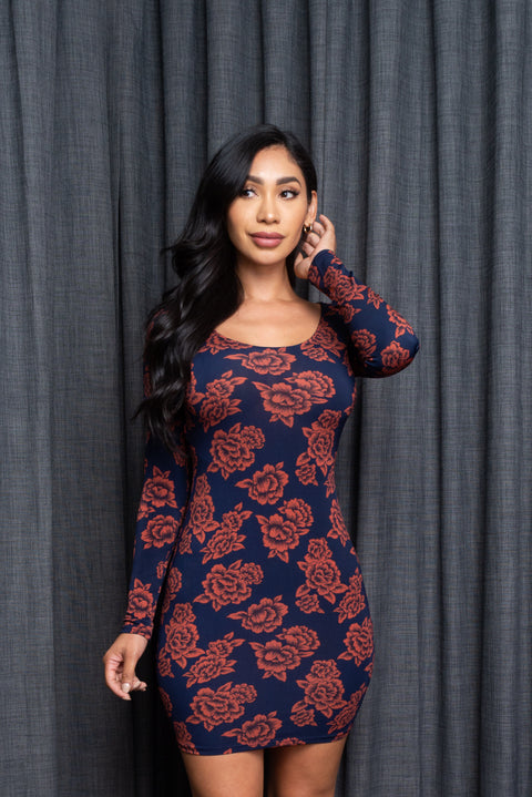 Long Sleeve Floral Print Mini dress W/ Cut out Detail on Back (223175) - Wholesale Fashion Couture 