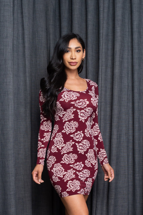 Long Sleeve Floral Print Mini dress W/ Cut out Detail on Back (223175) - Wholesale Fashion Couture 