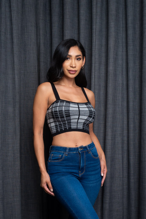  Sweater Knit Houndstooth Plaid Crop Top (9987WY) - Wholesale Fashion Couture 