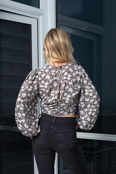 V-Neck Long Sleeve Floral Print Crop Top W/Key Hole and Small Zipper On Back (T7-543) - Wholesale Fashion Couture 
